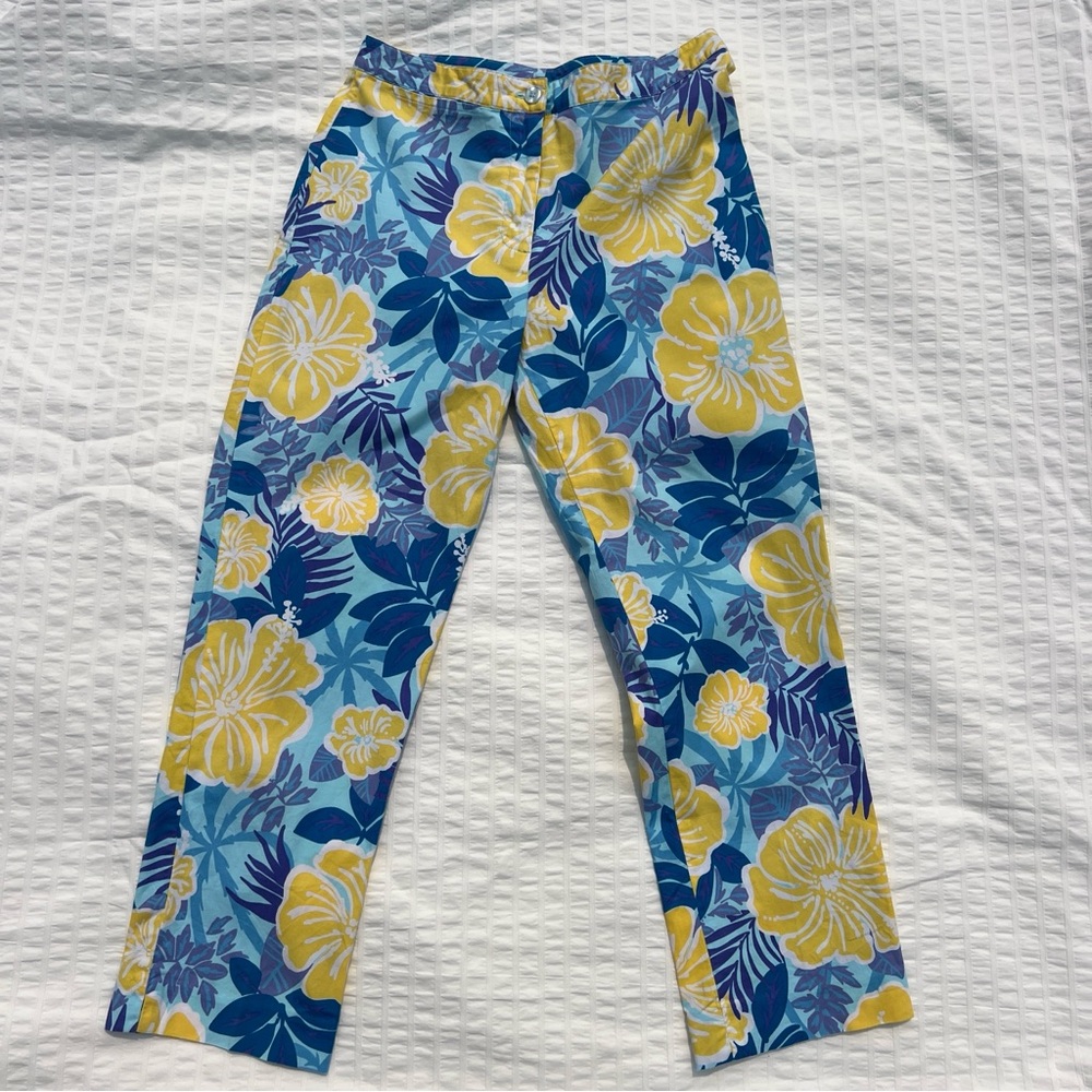 VTG Lilly Pulitzer Tropical Hibiscus Floral Capri Pants in Blue and Yellow, 2